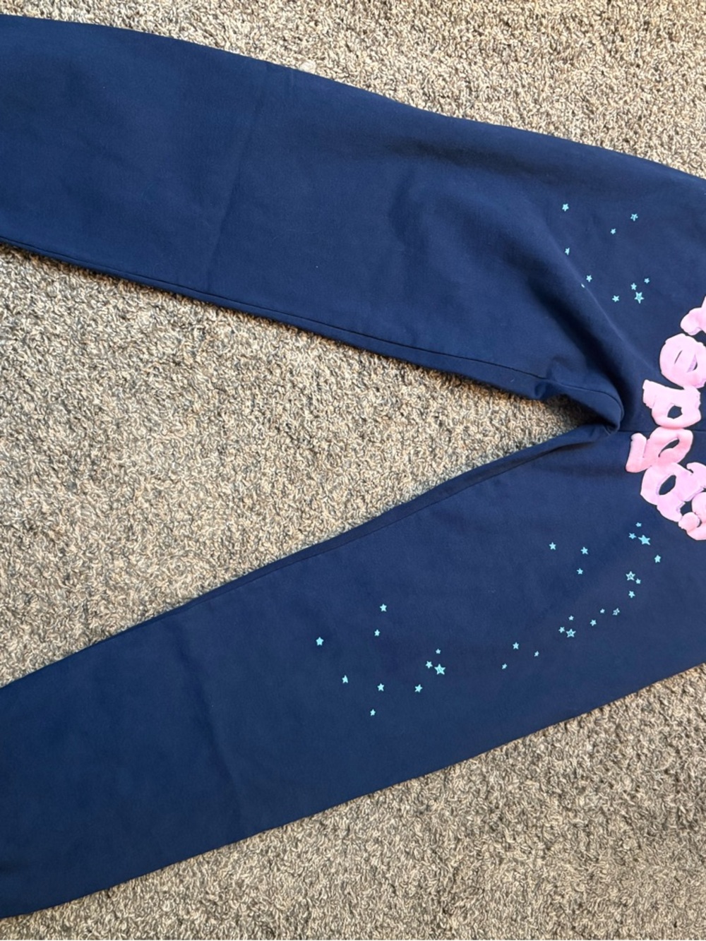 Navy Blue Sweatpants with Pink Script and Teal Star Accents